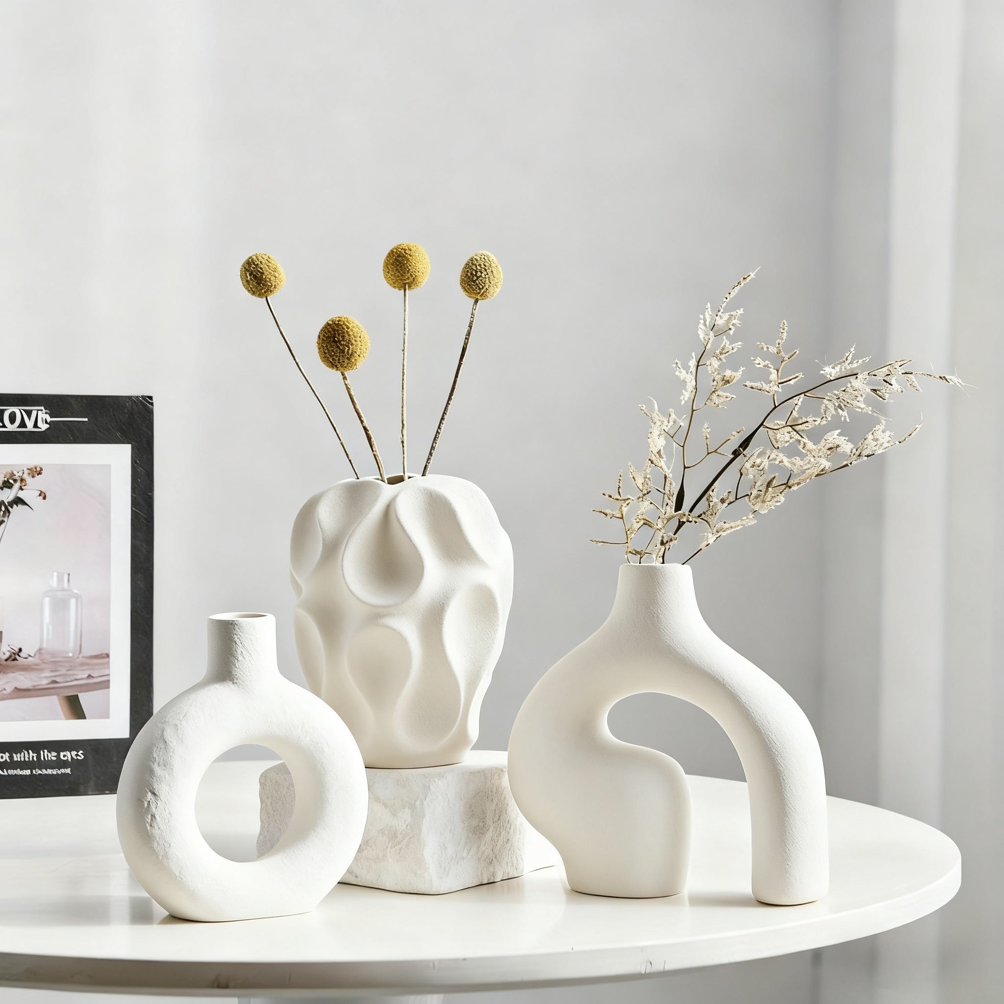 Kitchen Essential – Ceramic Vase Set 3 - Piece - Bohemian Farmhouse Style Decorative Vases Pampas Grass, Beige Vases Home Decor, Living Room, Kitchen, Bedroom, Entryway Mantel for Modern US