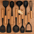 10Pcs Silicone Cooking Utensils Set , Nonstick Kitchen Utensils Set with Wooden Handle, Heat Resistant Spatula Set for Cooking, Heat Resistant Silicone Kitchen Gadgets Tools with Spoons, Spatula Set, Turners