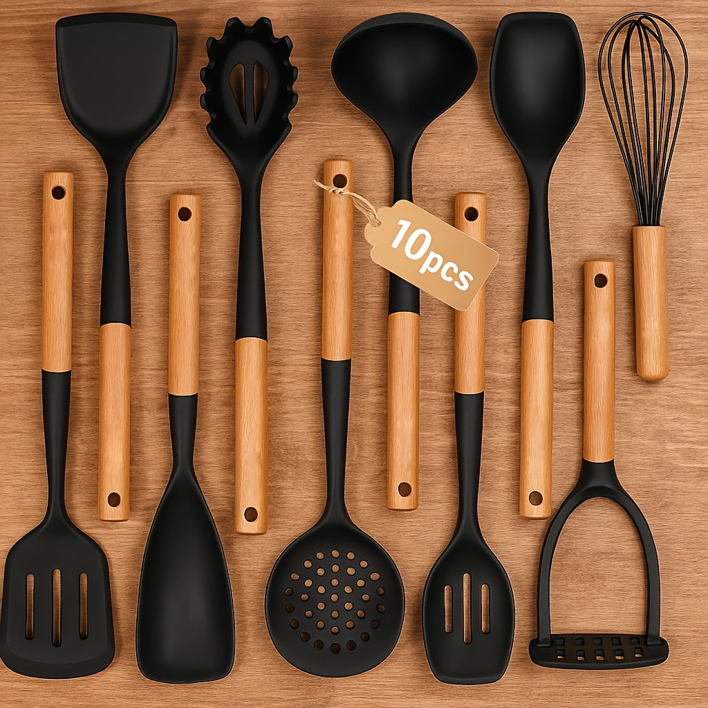 10Pcs Silicone Cooking Utensils Set , Nonstick Kitchen Utensils Set with Wooden Handle, Heat Resistant Spatula Set for Cooking, Heat Resistant Silicone Kitchen Gadgets Tools with Spoons, Spatula Set, Turners