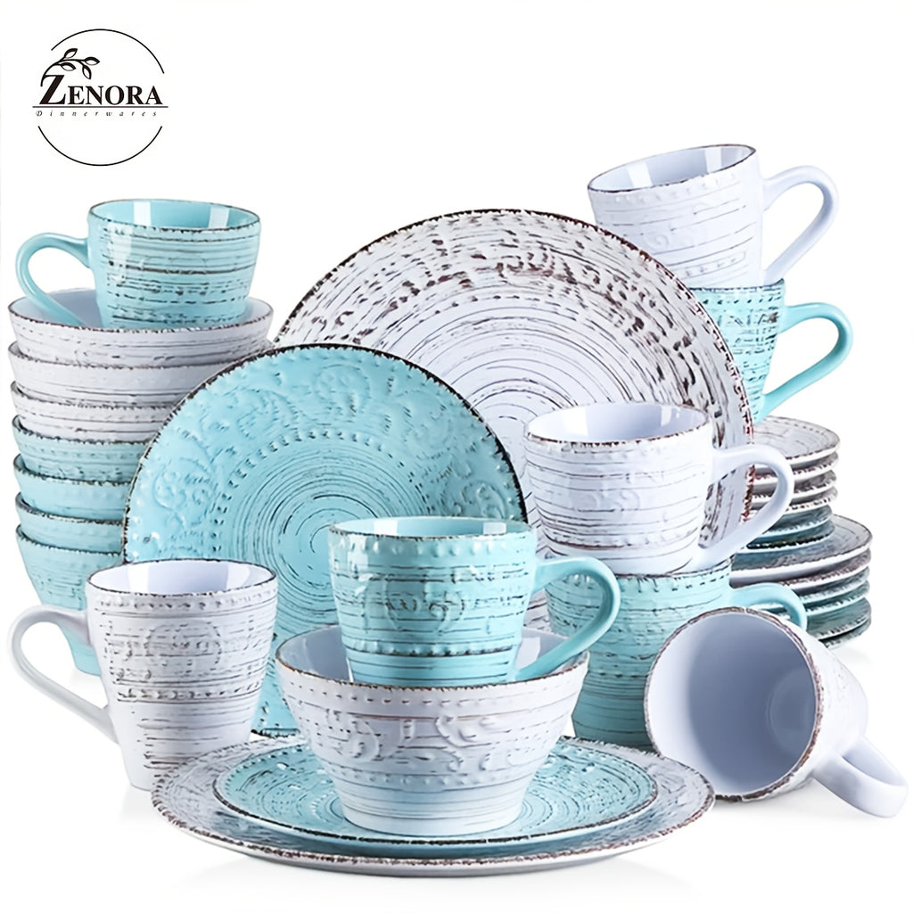 [Gifts For Weddings] Zenora 32pcs Ceramic Dinnerware Set, Embossed Modern White Porcelain Plates And Bowls For Dinner And Dessert, Microwave & Dishwasher & Oven Safe, Durable Tableware, Home Kitchen & Restaurant Use And Family Serving/ Gifts For Weddings