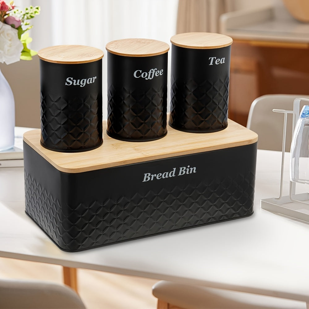 Black Bread Box With Tea Coffee Sugar Canisters