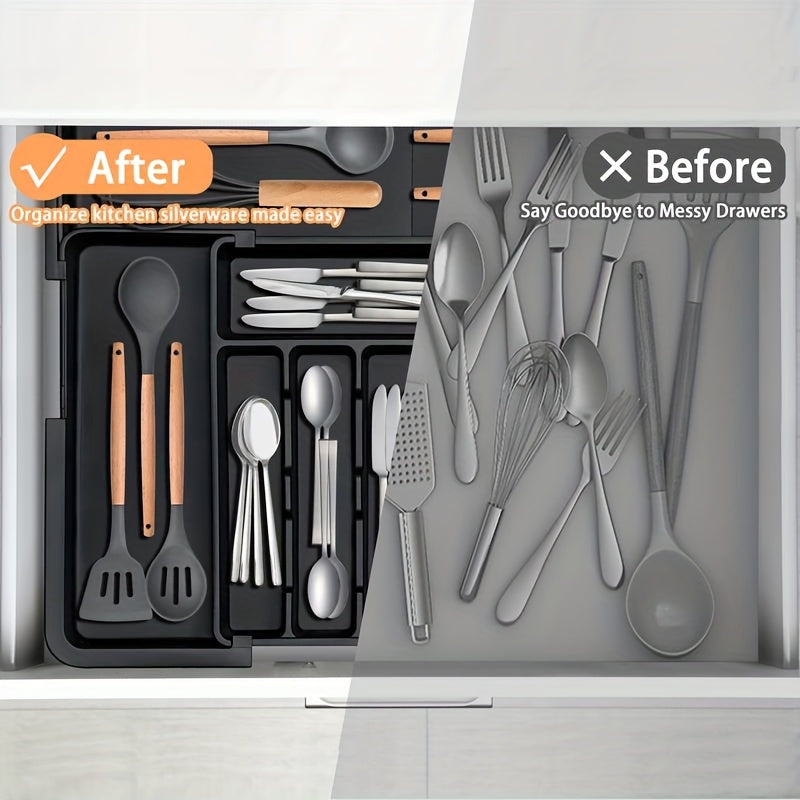 Expandable Kitchen Utensil Drawer Organizer with Nine Compartments, Suitable for Forks And Knives, Measuring 13"-22" in Width And 14.5"-19" in Length