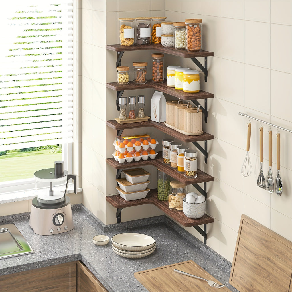 Space-Saving 5/6pcs Adjustable Home Storage Rack – durable multi-purpose storage, TOMNK 5 6pcs Heavy-Duty Rustic Wood Corner Floating Shelves Suitable for for Wall-Mounted Storage, designed for American homes, daily convenience and practical gifting