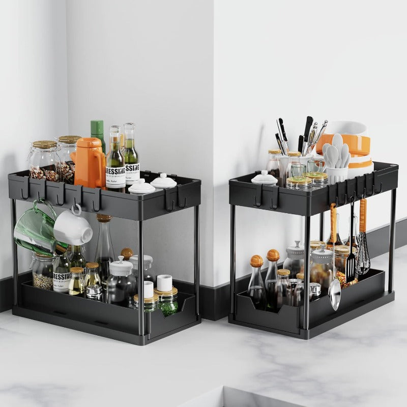 Space-Saving 2 Pack Stackable Home Storage Bins – portable space-saving storage, 2 Pack Under Sink Organizers and Storage 2-Tier Sliding Cabinet Basket Organizer with Hooks, designed for American homes, daily convenience and practical gifting