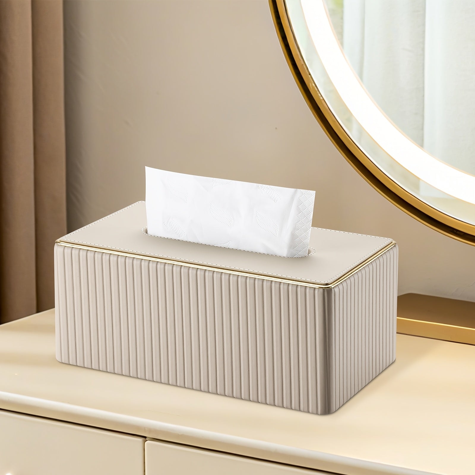 Smart Stackable Home Storage Bins – portable space-saving storage, Cream White Vertical Striped Faux Leather Tissue Box With Golden Trim Desktop Napkin Dispenser, designed for American homes, daily convenience and practical gifting