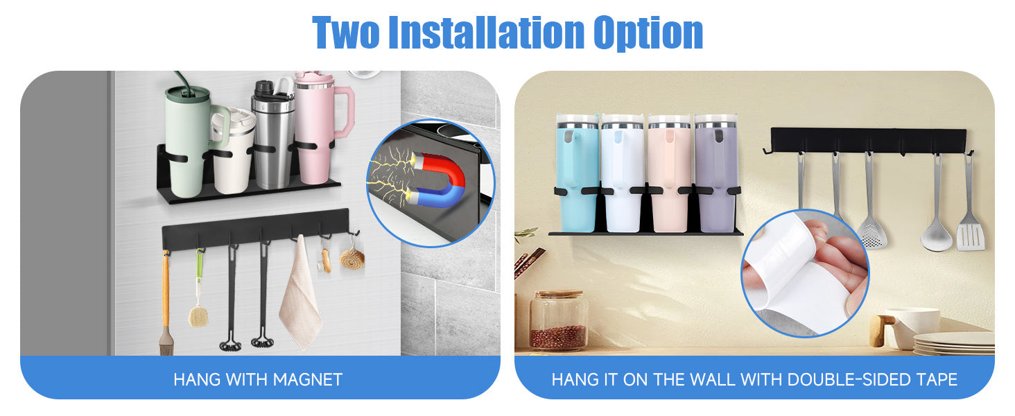 Kitchen Essential – 4-Pack Magnetic Cup Holder for Refrigerator, Magnetic Tumbler Lid Organizer for 20Oz 30Oz 40Oz Cups, Water Bottle Holder Rack with 7 Hooks for Kitchen Fridge Cabinets (Bl