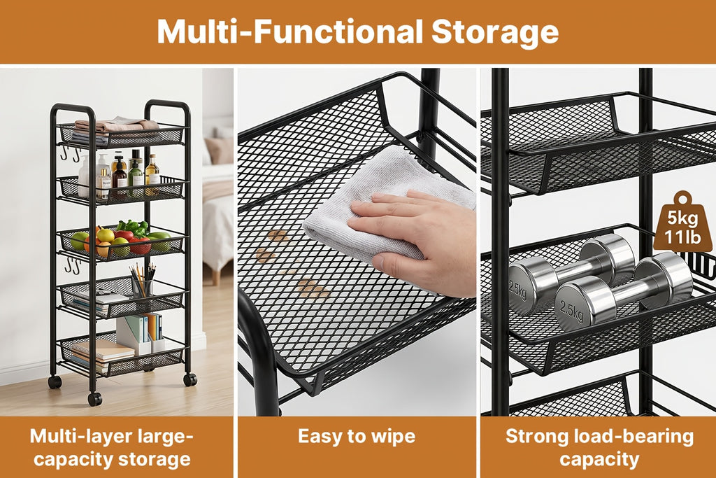 Versatile Adjustable Home Storage Rack – durable multi-purpose storage, Carbon Steel 5-Tier Rolling Storage Cart - Multi-Functional Easy to Use with Hooks Removable, designed for American homes, daily convenience and practical gifting