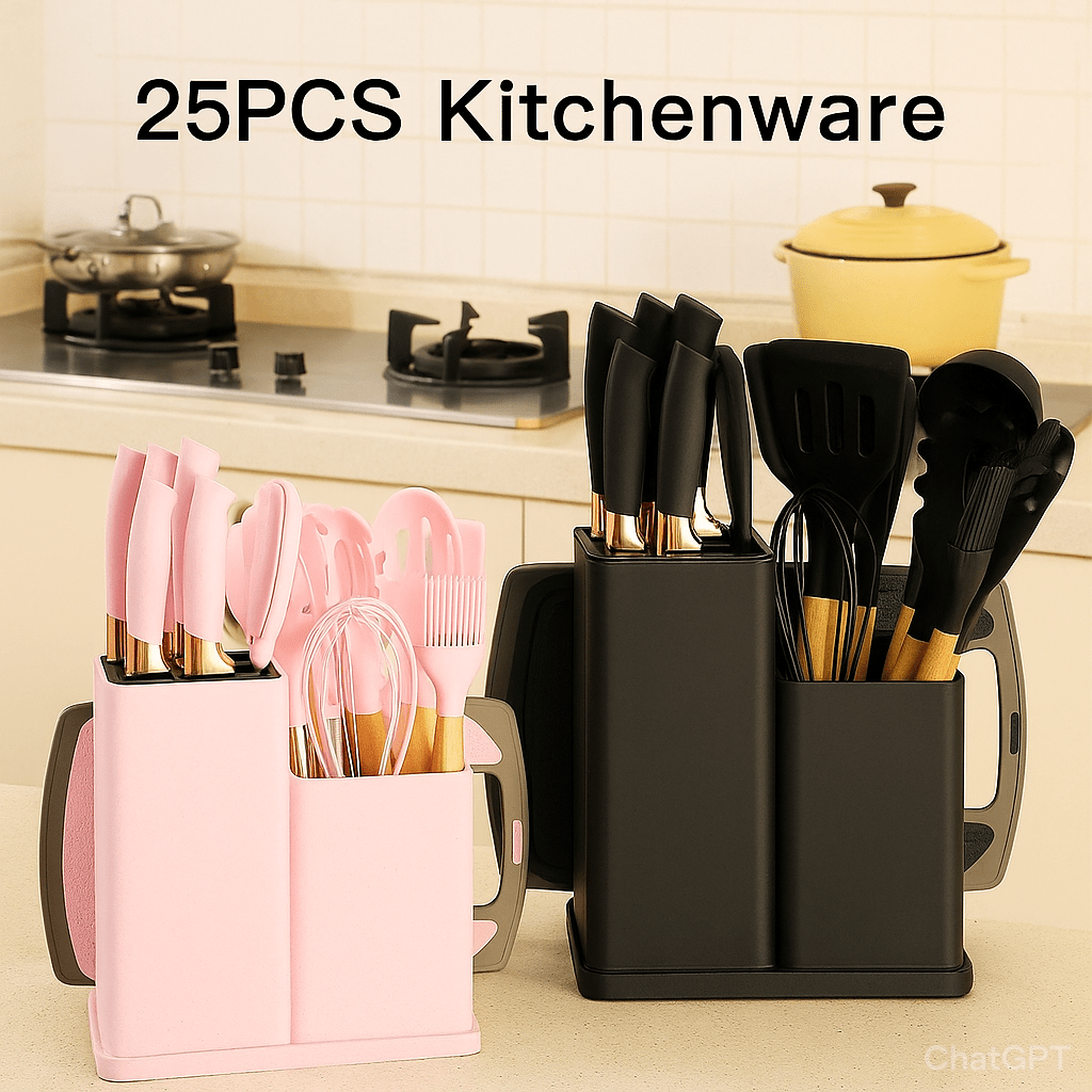 Kitchen Essential – 25pcs Kitchen Cooking Utensils And Knife Set with Block, Silicone Cooking Utensils Sharp Stainless Steel Chef Knives Scissors Whisk Tongs And Cutting Board, Kitchen Utens
