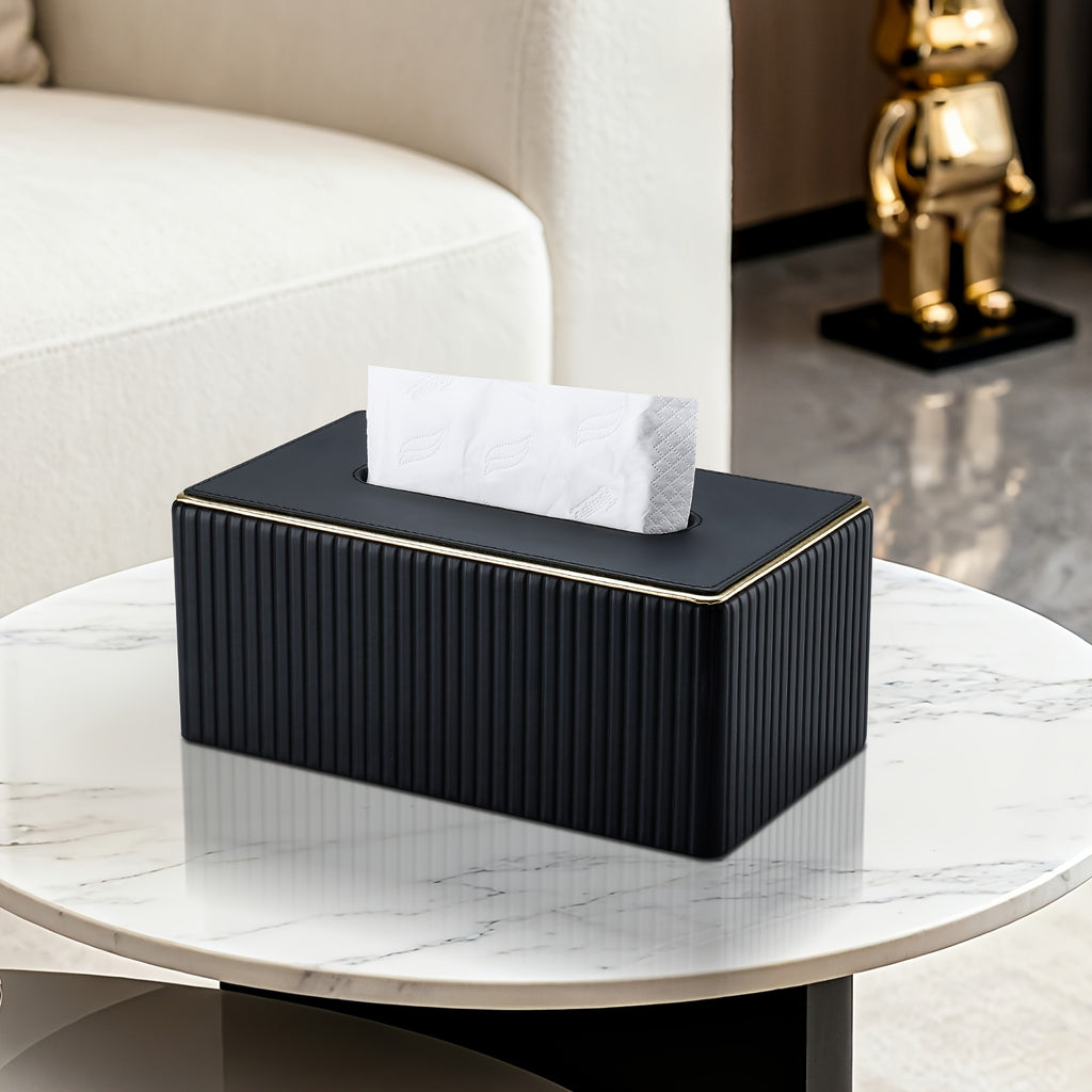 Smart Stackable Home Storage Bins – portable space-saving storage, Cream White Vertical Striped Faux Leather Tissue Box With Golden Trim Desktop Napkin Dispenser, designed for American homes, daily convenience and practical gifting