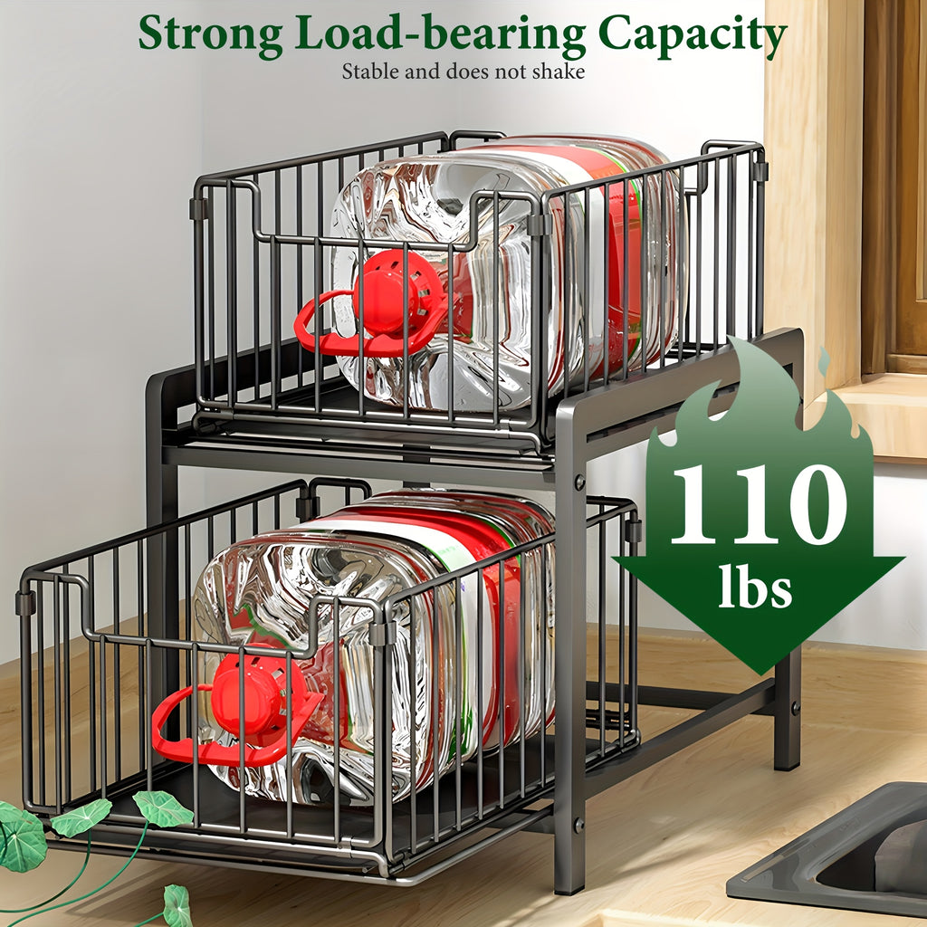 Kitchen Essential – 2-Tier Sliding Under-Sink Organizer Rack – Durable Metal Wire Storage Basket for Kitchen & Bathroom Essentials, Removable & Easy to Clean, Perfect for Utensils, Spices, T