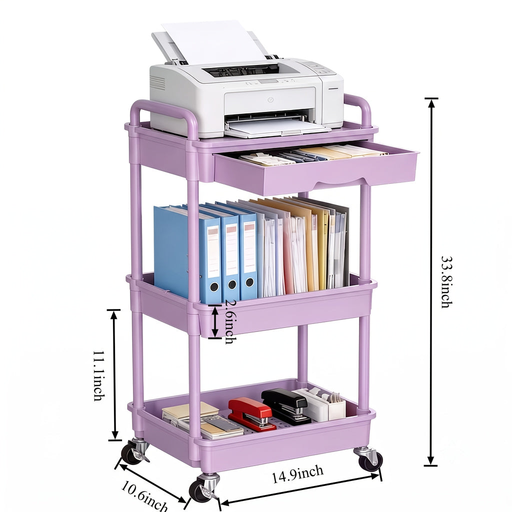 3-Tier and 4-Tier Rolling Utility Cart with Drawers - Multi-functional Storage Organizer with Plastic Shelves and Lockable Wheels, Suitable for Kitchen, Bathroom, Office, Living Room - Available Colors: Black, White, Gray, Pink, Green, Blue