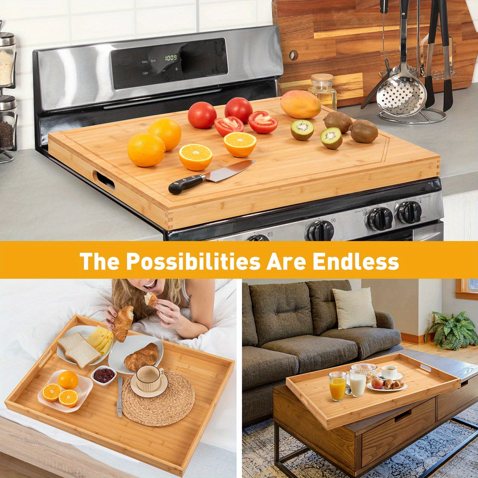 Natural Bamboo Stove Cover for Gas & Electric Burners - 30"L x 22"W x 2.5"H with Built-in Handles, Versatile Cutting Board & Serving Tray, Groove Design for Sink or Countertop Protection, Kitchen Stove Cover | Natural Bamboo Finish | Natural Wood Appearan