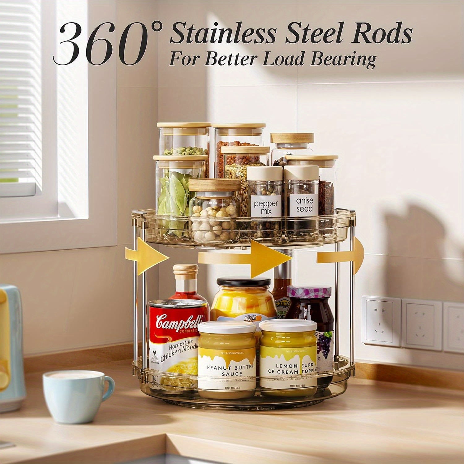 Kitchen Essential – A 2-Tier Rotating Multifunctional Countertop Turntable Designed for Storing Seasonings And Cosmetics, Featuring a 360-Degree Rotation And an Anti-Slip Base, Ideal for Use