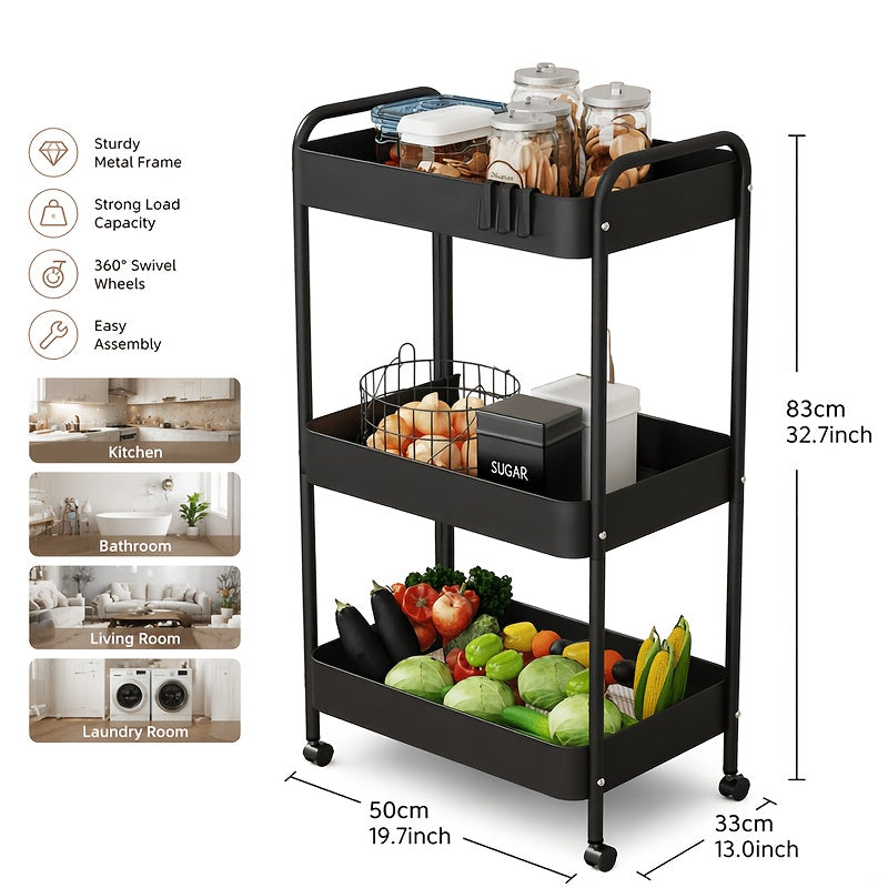 Premium Adjustable Home Storage Rack – durable multi-purpose storage, Triple-tier Carbon Steel Multi-functional Rolling Storage Cart Versatile Shelving Unit Snack Rack with Portable, designed for American homes, daily convenience and practical giftin