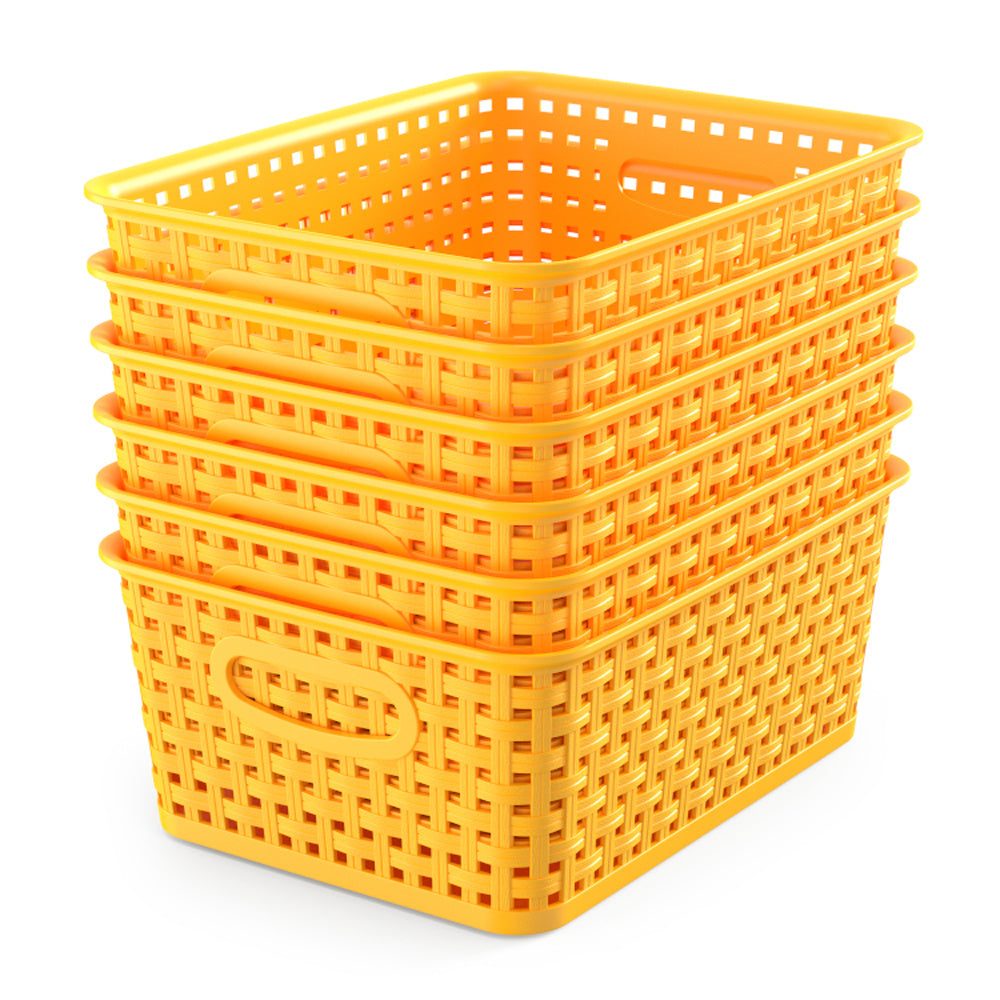 Set of 6 Durable Woven Plastic Storage Bins in Yellow, Measuring 10.1" X 7.55" X 4.1", Ideal for Organizing Your Home, Office, Desktop, Wardrobe, Or Bathroom, Shelf Baskets