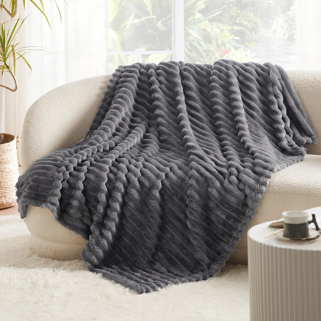 Versatile Cozy Home Textile Accent – comfortable everyday home styling, Luxurious Double-Sided Faux Rabbit Fur Throw Blanket - Cozy Striped Flannel Soft And Warm, designed for American homes, daily convenience and practical gifting