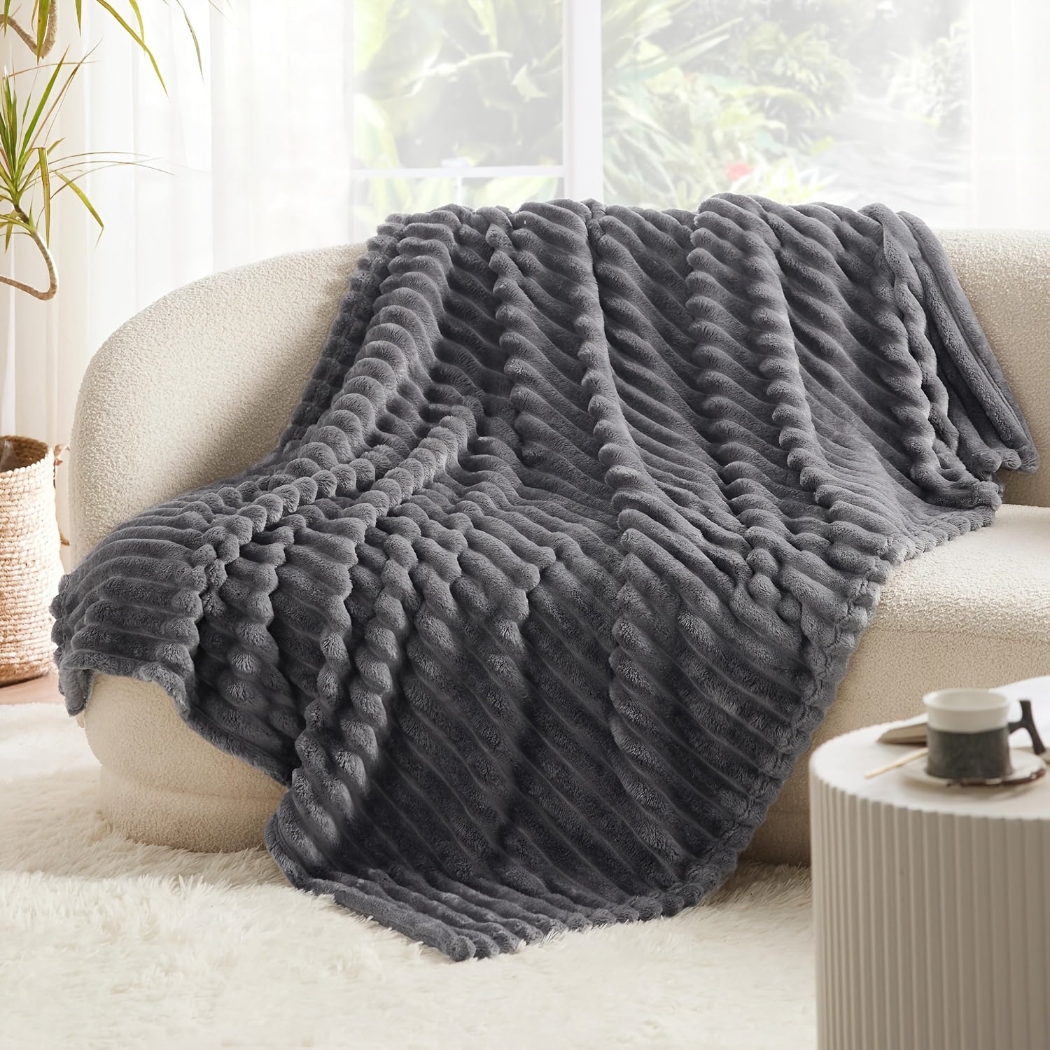 Versatile Cozy Home Textile Accent – comfortable everyday home styling, Luxurious Double-Sided Faux Rabbit Fur Throw Blanket - Cozy Striped Flannel Soft And Warm, designed for American homes, daily convenience and practical gifting