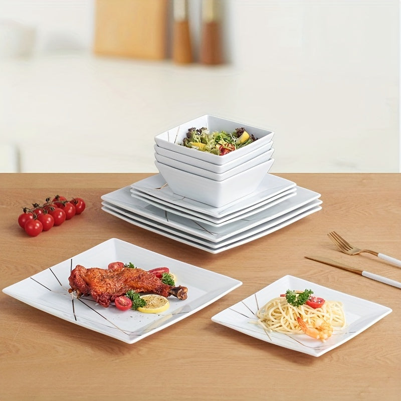 12pcs Ceramic Tableware Set, Modern Light Luxury Golden Line Tableware Plate, 10-Inch And 7.6-Inch White Black Steak Plate, Pasta Plate, Dessert Plate, Salad Bowl, Soup Bowl, Complete Tableware, Suitable for Home And Restaurant, Housewarming Gifts
