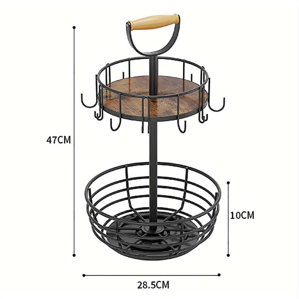 Double-layer Rotatable Coffee Metal Cup Rack, Spice Rack, Fruit Basket Rack with Hooks, Suitable for Bar Counters, Kitchen Countertops - Black.