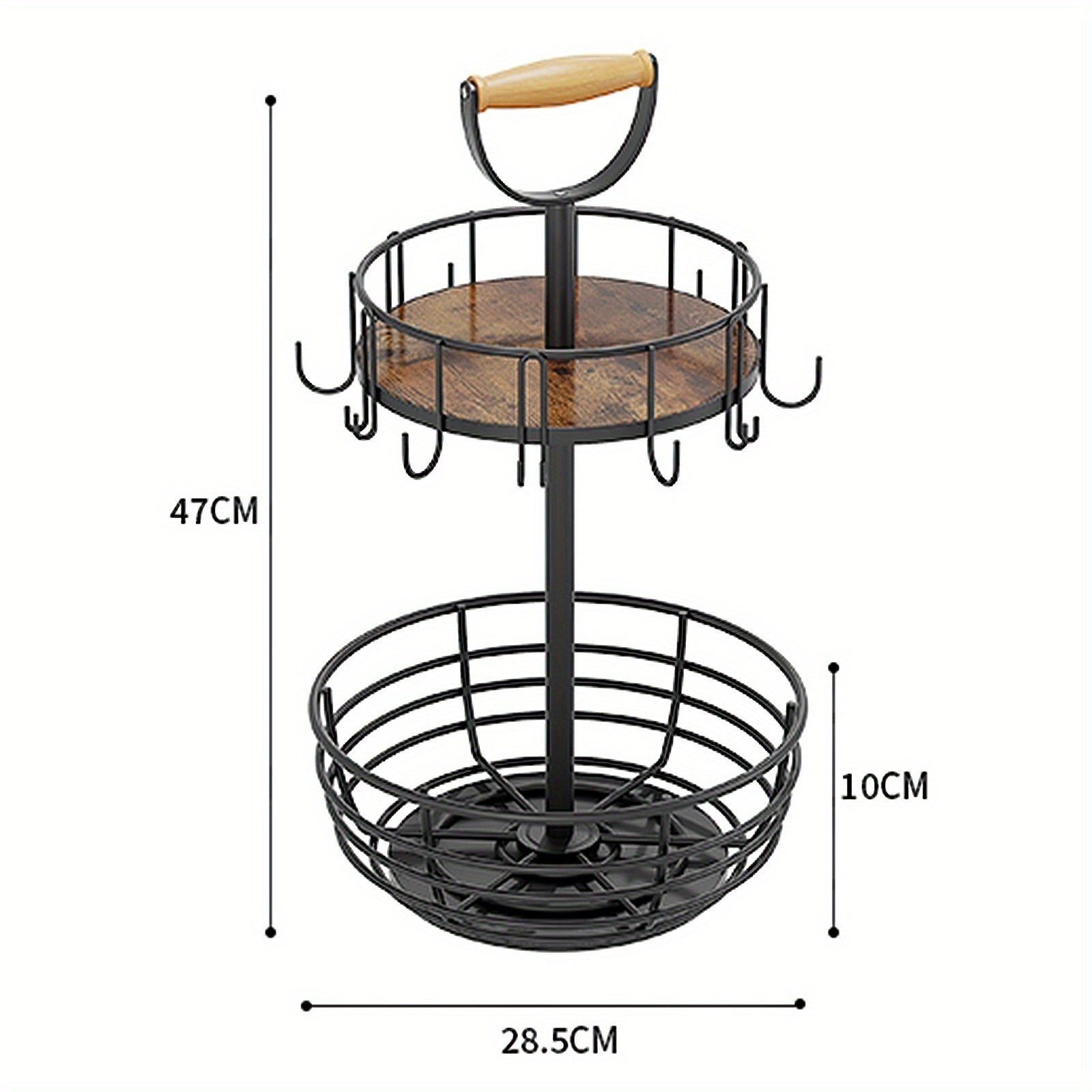 Double-layer Rotatable Coffee Metal Cup Rack, Spice Rack, Fruit Basket Rack with Hooks, Suitable for Bar Counters, Kitchen Countertops - Black.