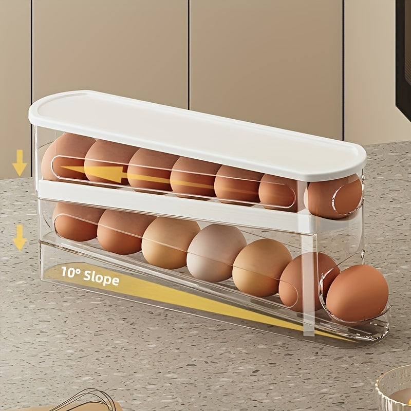 Automatic Rolling Sliding Egg Rack, Space-Saving Design with Easy Access Sliding Tiers And Transparent Compartment, for Kitchen And Refrigerator Storage, Durable No Batteries Required