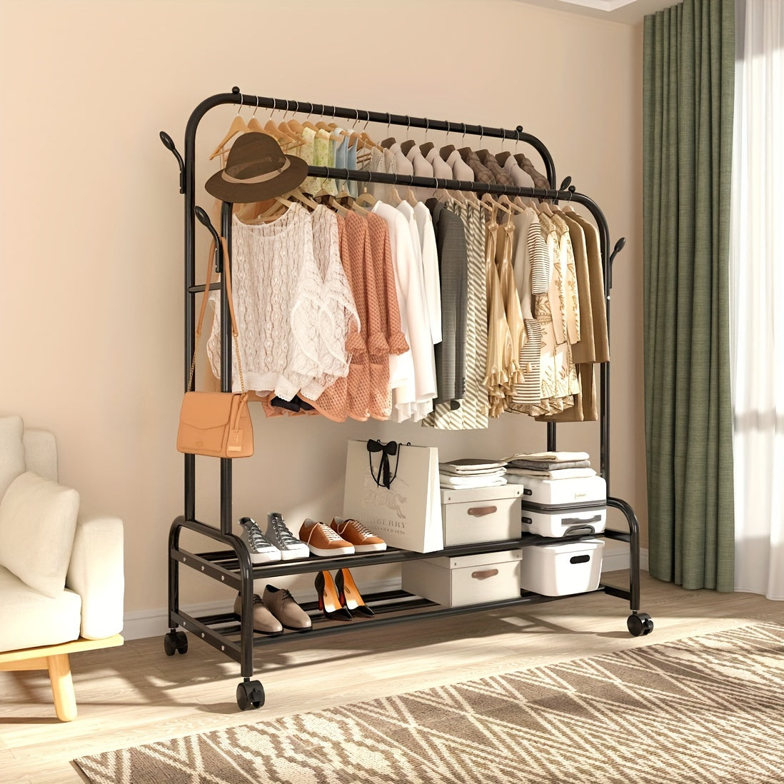 Heavy-Duty Adjustable Home Storage Rack – durable multi-purpose storage, Sturdy Metal Double Rodding Clothes Rack with Wheels Portable Clothing Rack with Shelves Hooks, designed for American homes, daily convenience and practical gifting