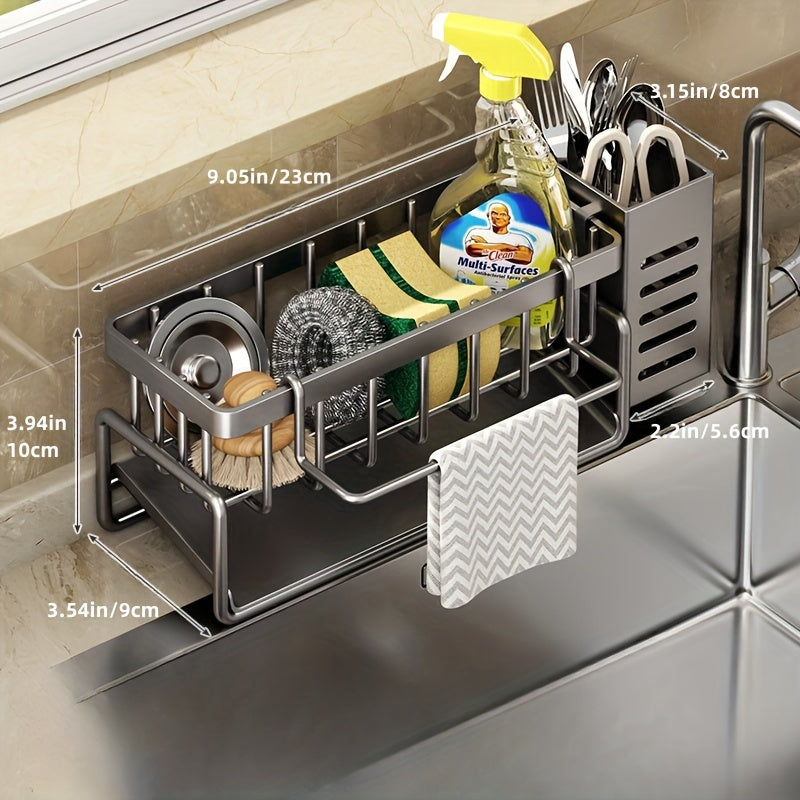 1pc Gray/Black Sink Caddy Sponge Holder for Kitchen Sink, Stainless Steel Rustproof, Bathroom Storage Basket, Kitchen Sink Caddy with Brush Holders, Chopstick Container, Kitchen Sink Organizer Dish Sponge Organizer with Dish Towel Rod