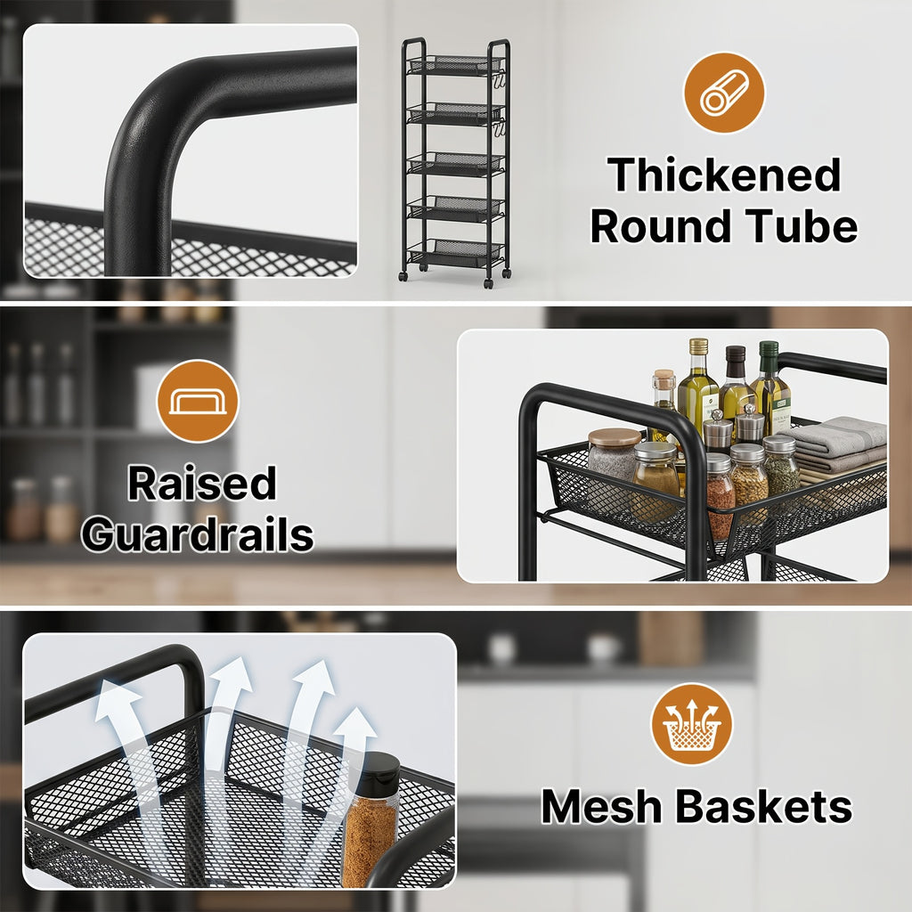 Versatile Adjustable Home Storage Rack – durable multi-purpose storage, Carbon Steel 5-Tier Rolling Storage Cart - Multi-Functional Easy to Use with Hooks Removable, designed for American homes, daily convenience and practical gifting