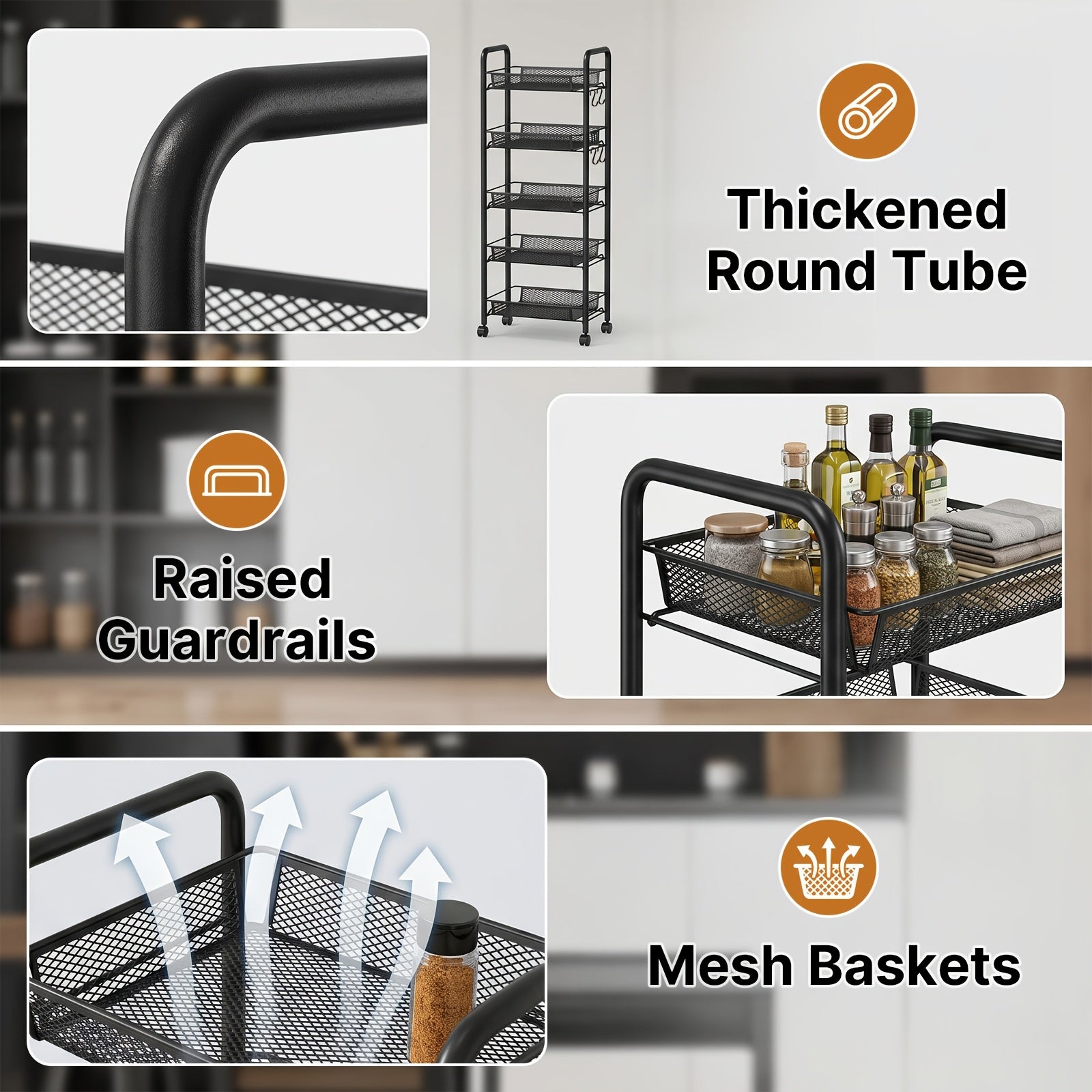 Versatile Adjustable Home Storage Rack – durable multi-purpose storage, Carbon Steel 5-Tier Rolling Storage Cart - Multi-Functional Easy to Use with Hooks Removable, designed for American homes, daily convenience and practical gifting