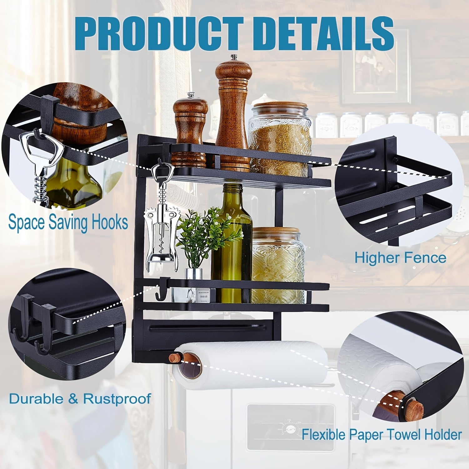 Magnetic Spice Rack for Refrigerator, Magnetic Shelf for Fridge Magnet Organizer Moveable Magnetic Paper Towel Holder with 4 Hooks for Kitchen Oven Space Saving