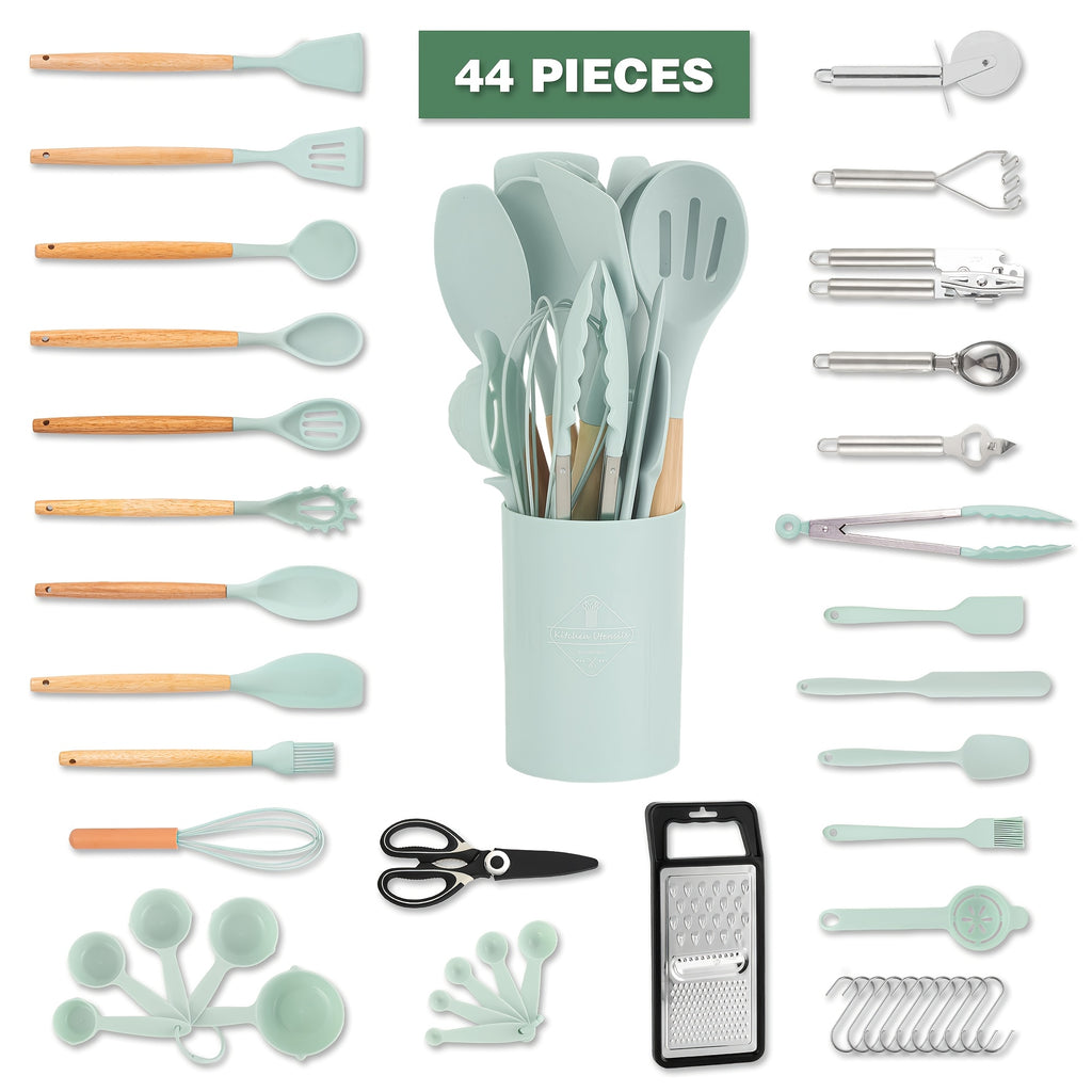 Kitchen Essential – 44pcs Silicone Kitchen Utensil Set with Holder, Nonstick Cooking Utensils, Wooden Handle Kitchen Tools, Spatula Turner Spoon Tongs Whisk Measuring Cups, Kitchen Accessori