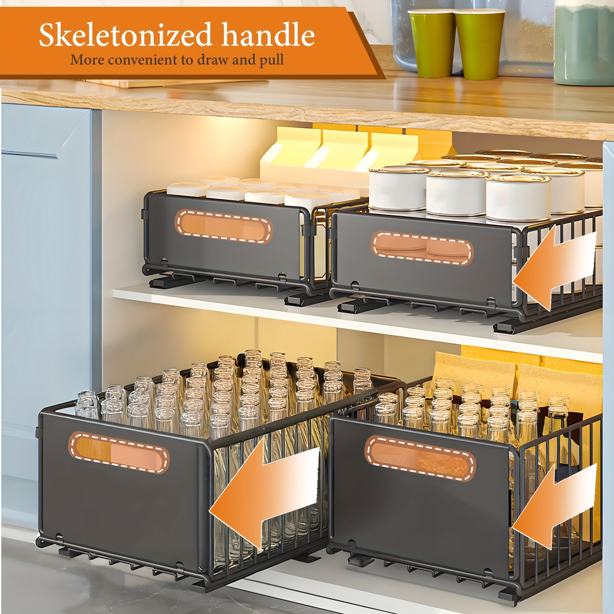 Kitchen Storage Organizer – 2pcs, Cabinet Pull-out Storage Basket, Bathroom Sink Slide-out Storage Basket, Multipurpose Organizer, Spice Rack, Snack Rack, Household Items And Cleaning Suppli