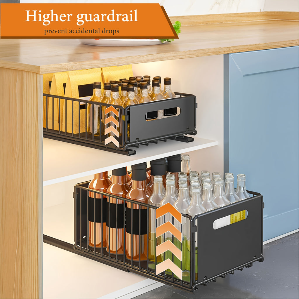 Kitchen Essential – 2pcs, Cabinet Pull-out Storage Basket, Bathroom Sink Slide-out Storage Basket, Sliding Multipurpose Organizer, Spice Rack, Snack Rack, Household Items And Cleaning Suppli