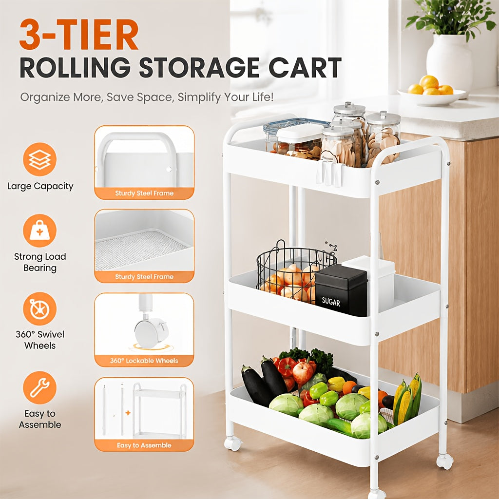 Premium Adjustable Home Storage Rack – durable multi-purpose storage, Triple-tier Carbon Steel Multi-functional Rolling Storage Cart Versatile Shelving Unit Snack Rack with Portable, designed for American homes, daily convenience and practical giftin