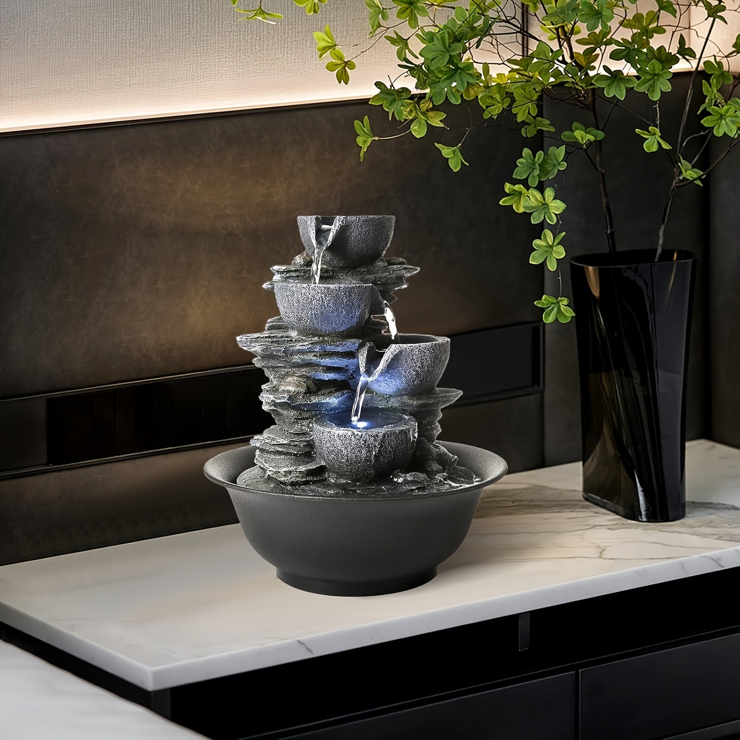 Ambient Home Decor – 1pc Resin Tabletop Fountain, Indoor Waterfall Fountains with LED Light - Plug, Realistic Rock Design for Soothing Ambiance in Bedrooms, Living Rooms, Offices Or Meditati