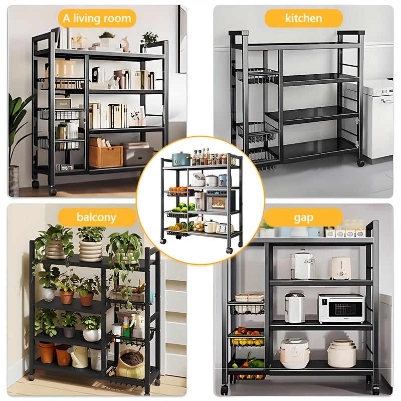 BCNVDUS Three-Layer Heavy-Duty Metal Kitchen Storage Rack with 360° Rotating Wheel - Freestanding Mobile Appliance, Bottle, Container Storage Rack - Easy-To-Clean Open Mesh Basket, Space-Saving Floor Design, Kitchen Organization And Storage