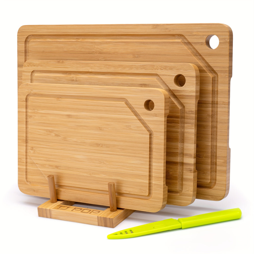 Bamboo Cutting Board for Kitchen, Bamboo Cutting Board Set Of 3 with Juice Groove, Double-Sided Chopping Board Serving Board with Hanging Hole for Meat, Vegetables And Cheese