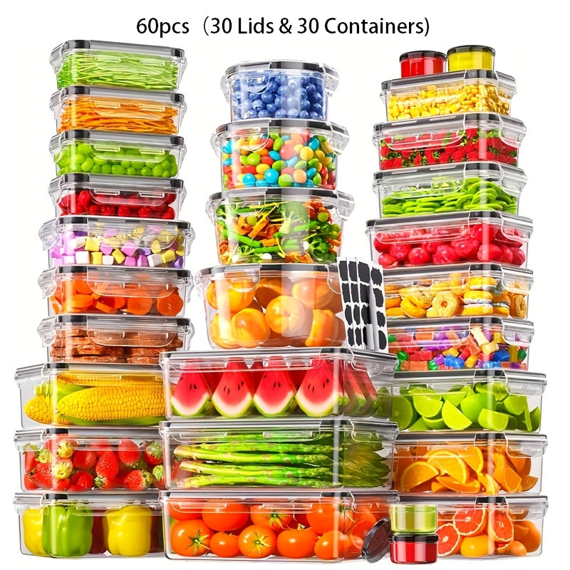 [Airtight Food Storage] 60pcs Airtight Food Storage Container Set with Lids (30 Containers & 30 Lids) - BPA-Free, PVC-Free Plastic Leakproof Meal Prep Kit, Microwave/Dishwasher Safe, Hinged-Lid System, Labels & Pen for Pantry, Leftovers, Fridge Organizati