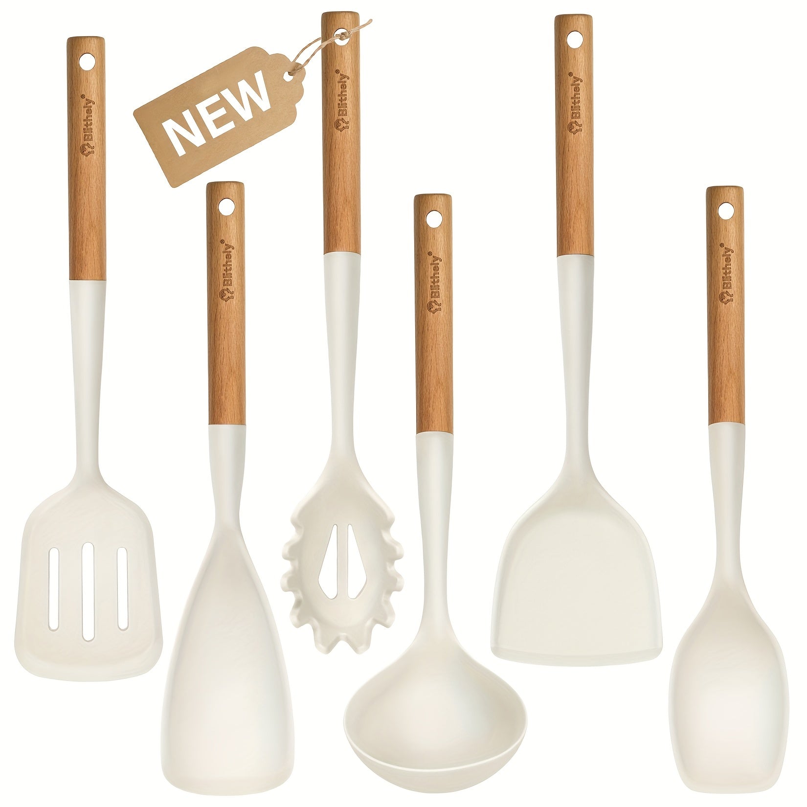 Home Living Essential – Set of 6 Silicone Kitchen Tools with Wooden Handles, Heat-Resistant Spatula Set Su