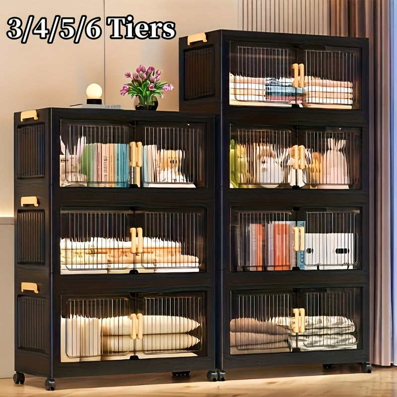 6-Tier (50.6 In) Large-Capacity Black Storage Box, 3/4/5/6-Tier Foldable Storage Boxes, Stackable Storage Cabinet with Translucent Magnetic Doors And Silent Wheels, Stable And Durable, Suitable for Bedroom, Living Room And Other Multi-Scene Storage