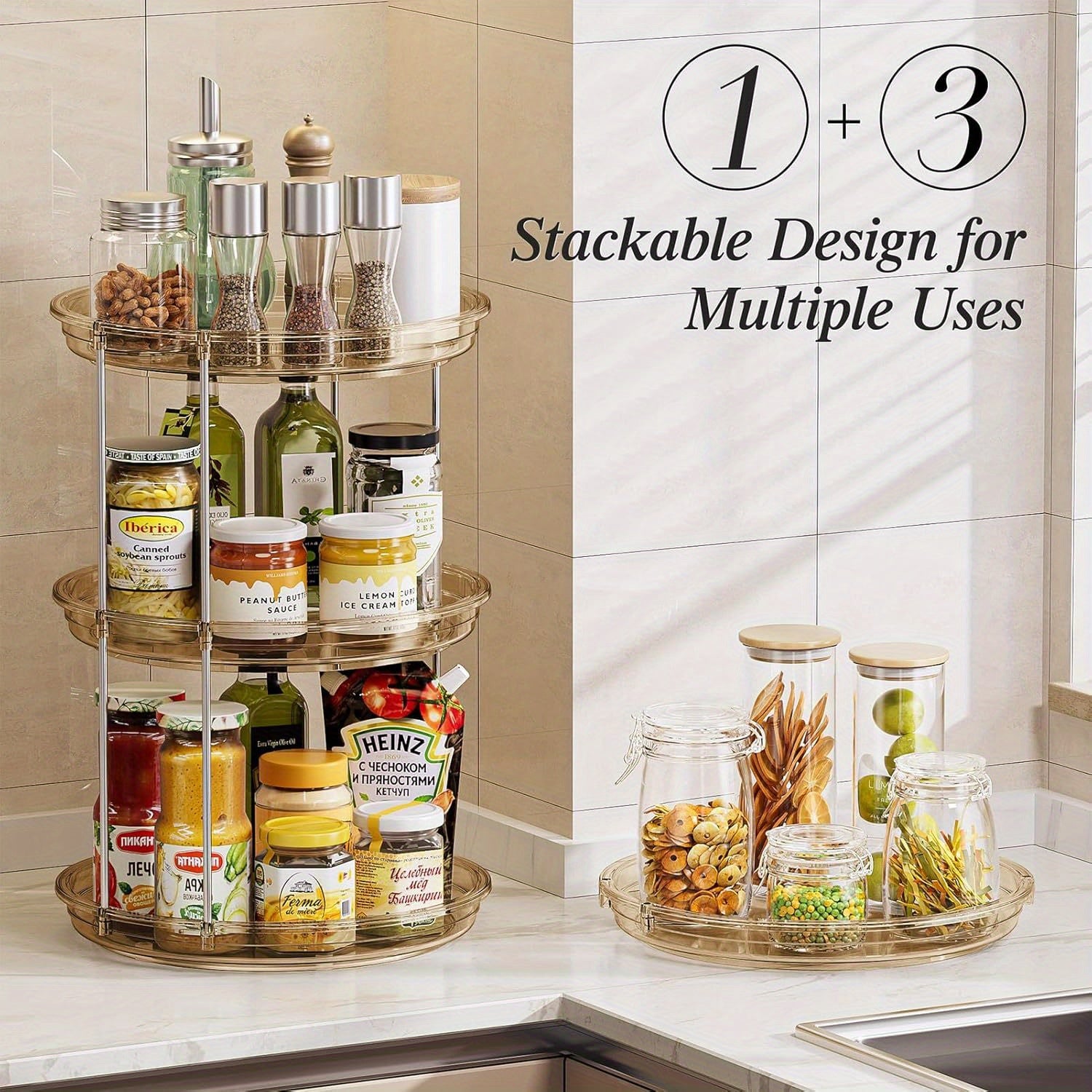 Kitchen Essential – A 2-Tier Rotating Multifunctional Countertop Turntable Designed for Storing Seasonings And Cosmetics, Featuring a 360-Degree Rotation And an Anti-Slip Base, Ideal for Use