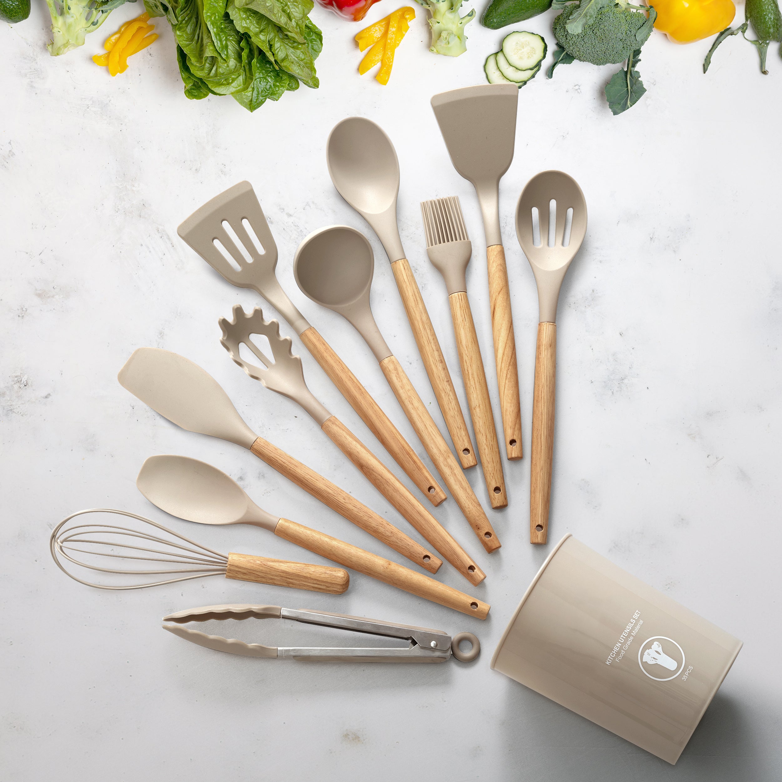 Kitchen Essential – 35 Piece Kitchen Utensils Set with Holder - Heat Resistant Wooden Handle - Silicone Non-Stick Cooking Spatula, Kitchen Essentials Tools and Gadgets for Modern US Homes, e