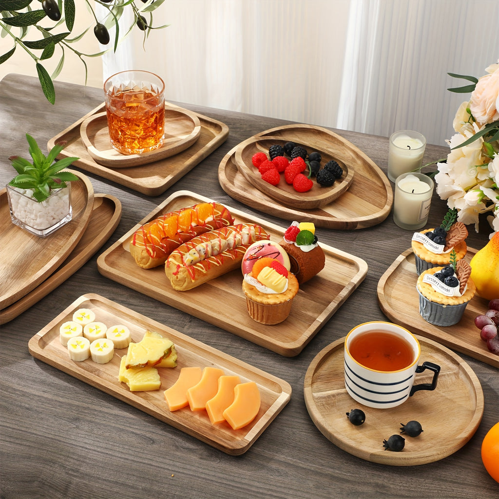 10pcs Acacia Wooden Plates Different Shapes Wooden Serving Platter Wooden Dishes for Snacks, Desserts, Fruit, Salads Decorative Wooden Charger Plates Trays Serving Board Housewarming Gift