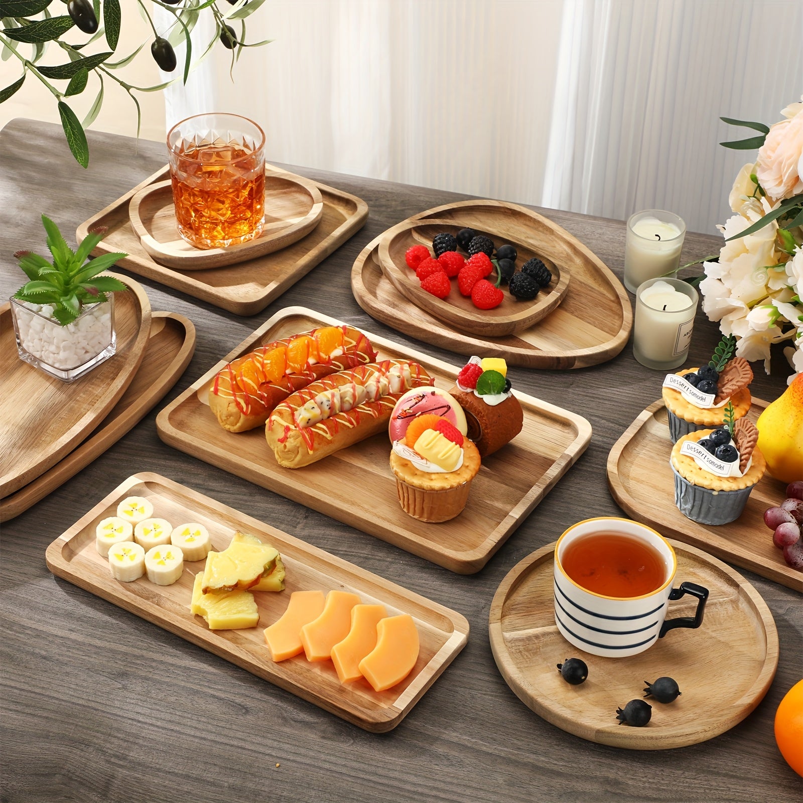 10pcs Acacia Wooden Plates Different Shapes Wooden Serving Platter Wooden Dishes for Snacks, Desserts, Fruit, Salads Decorative Wooden Charger Plates Trays Serving Board Housewarming Gift