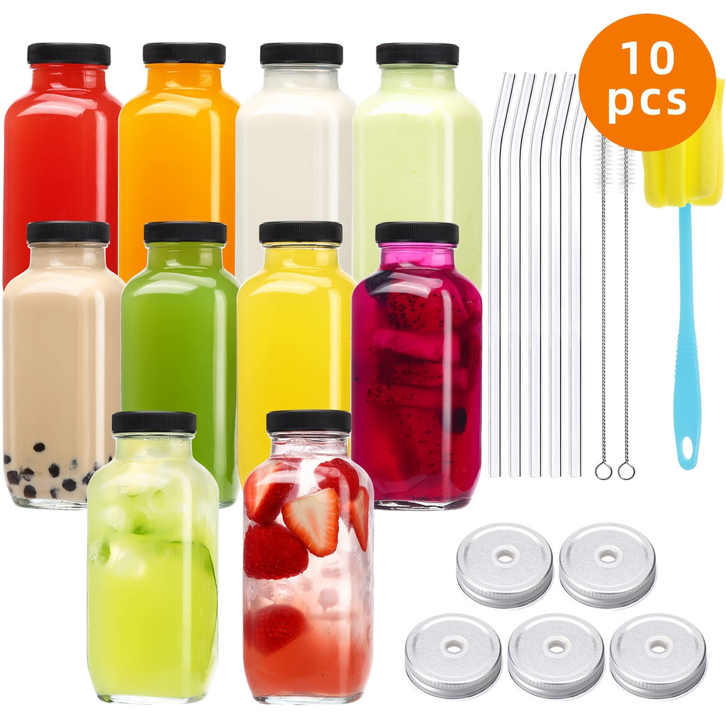 TOMNK 10 Pack 16Oz Glass Juice Bottles Featuring Lids, Reusable Containers for Juices, Drinking Jars, Water Cups Including a Brush, Glass Straws, Lids with Openings, Suitable for Halloween And Christmas, Ideal for Beverages, Juices, Squeezed Drinks