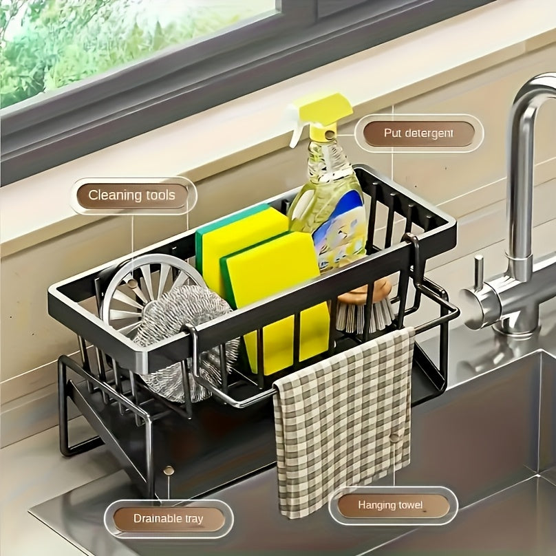 Kitchen Essential – Heavy-Duty Metal Kitchen Sink Organizer Tray - Built-in Sponge Holder with Dish Brush Slot - Space-Saving Countertop Organizer Compatible with Standard Sinks - Easy-Clean