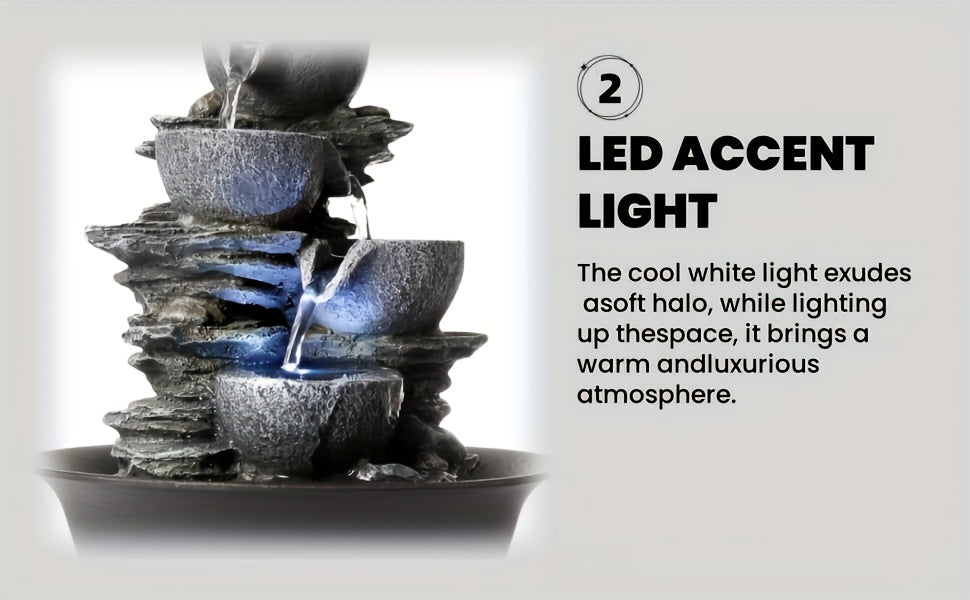 Ambient Home Decor – 1pc Resin Tabletop Fountain, Indoor Waterfall Fountains with LED Light - Plug, Realistic Rock Design for Soothing Ambiance in Bedrooms, Living Rooms, Offices Or Meditati
