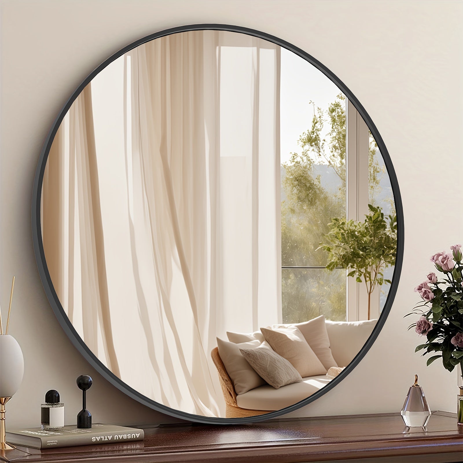 Area Rug – comfortable decorative floor coverage, Round Metal Wall Mirror with - Matte Frame