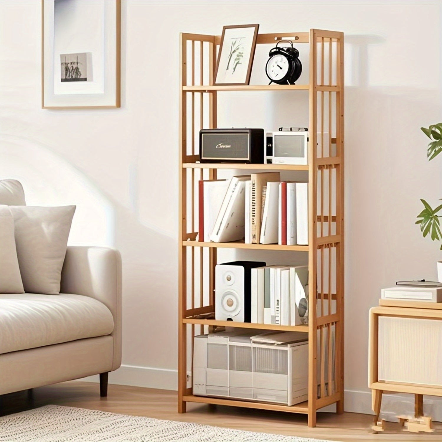 Home Storage Organizer – 5-Tier Multifunctional Bamboo Shelf, Space-Saving Bookshelf And Display Rack for Home Office, Storage Display Shelf, Nordic Minimalist Style, Quick And Easy Assembly