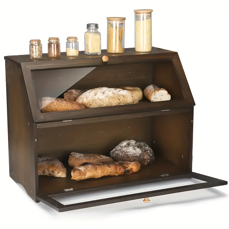 1pc Double Layer Large Bread Box for Kitchen Counter, Wooden Large Capacity Bread Storage Bin